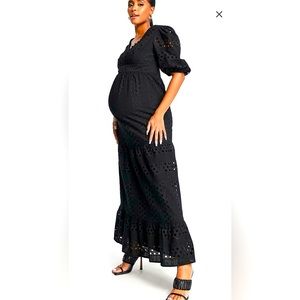 ASOS DESIGN Maternity plunge eyelet tiered midi dress with button neck in black